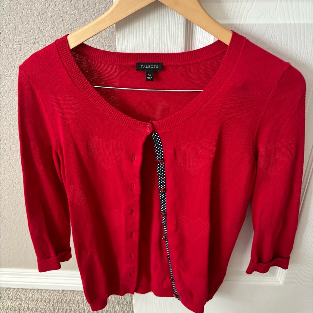 Talbots Valentine cotton sweater XS w cute grosgrain ribbon and 3/4 sleeves